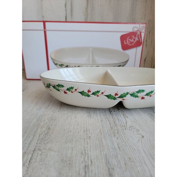 Lenox NEW white winter greetings divided oval bowl mistletoe Xmas kitchen - Picture 2 of 9